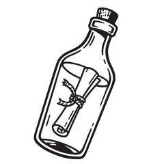 Black and white illustration of a message in a bottle with tied scroll for design.