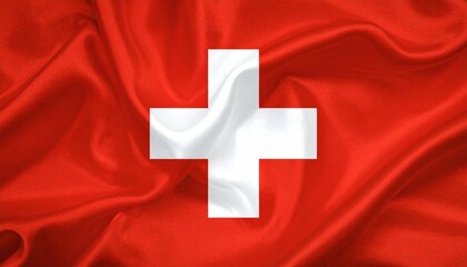 Swiss national flag with a centered white cross on a red background, symbolizing neutrality, precision, and heritage&mdash;folded fabric texture adds realism and subtle elegance.