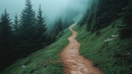 Misty mountain path winds through a pine forest