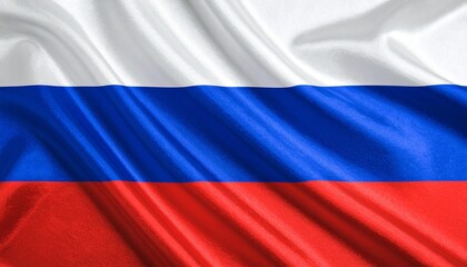 Fototapeta premium Russian national flag with three horizontal bands—white (top), blue (middle), and red (bottom)—symbolizing nobility, honesty, and courage; subtle fabric folds evoke solemn dignity.