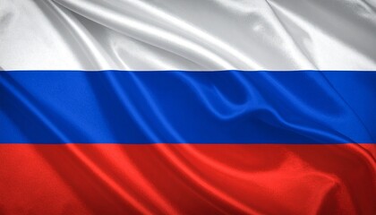 Fototapeta premium Russian national flag with three horizontal bands—white (top), blue (middle), and red (bottom)—symbolizing nobility, honesty, and courage; subtle fabric folds evoke solemn dignity.