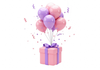 A pink gift box tied with a purple ribbon floats upwards, adorned with colorful balloons and confetti isolated on transparent background
