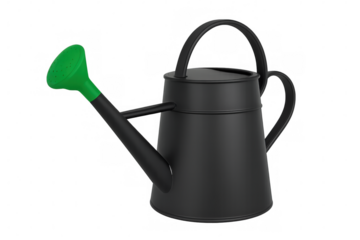 Black watering can with green spout on transparent background
