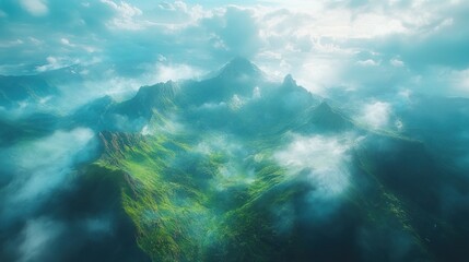 Fototapeta premium Misty mountain range, lush green valleys