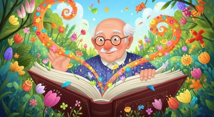 A kind elderly man smiles while reading a magical book, with colorful floral swirls creating a heart shape.