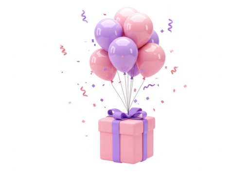 A pink gift box tied with a purple ribbon floats upwards, adorned with colorful balloons and confetti isolated on transparent background
