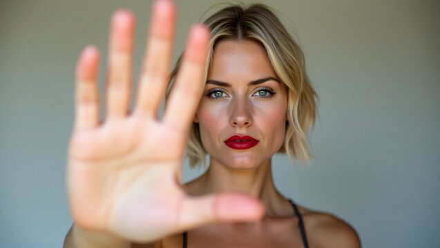 A woman holds up her hand in a stop gesture, her serious expression communicating a clear message. This image captures a moment of decisive action, emphasizing boundaries or dissent.