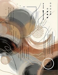 Modern abstract stationery design with an array of geometric and oranic shapes, i harmonious erath tones, with some elements textured with lines, dots, and wavy patterns, digital art print