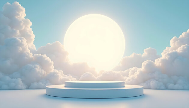 Minimal 3D white podium platform surrounded by soft clouds and glowing sunlight in the sky. Abstract surreal background ideal for product display, branding, or promotional visuals.