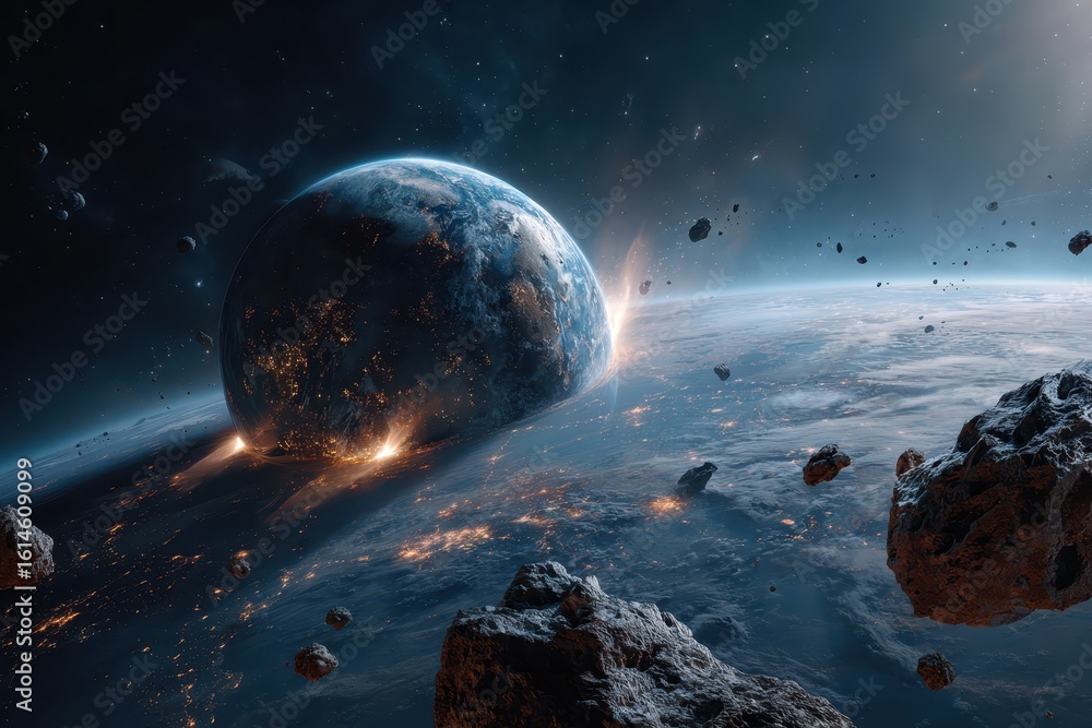 Poster panoramic view of planet earth surrounded by asteroids flying through space with bright atmospheric 