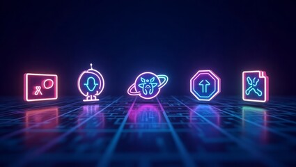 Neon icons glowing on digital grid technology
