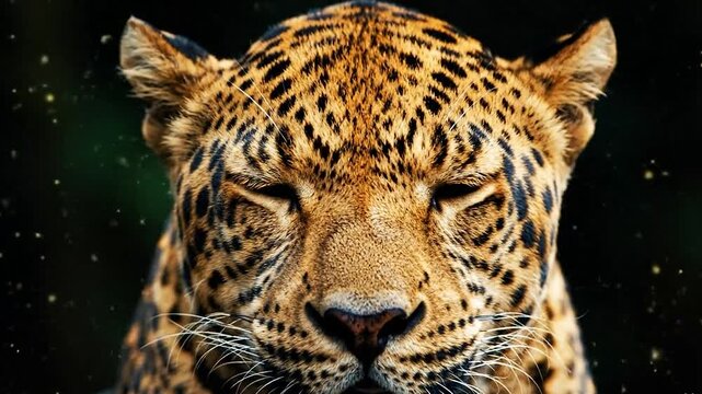 Closeup of a jaguar with closed eyes showcasing its patterned fur and intense facial features