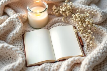 Cozy Winter Scene with Open Notebook, Candle and Warm Blanket