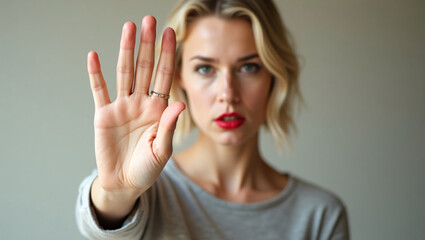 A woman holding up her hand in a stop gesture, displaying a determined expression. Her red lips create a striking contrast against her neutral-toned background