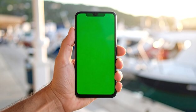 Hand holding phone, green screen, outdoors - Powered by Adobe