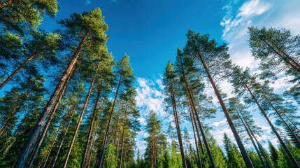 Majestic pine trees stand tall against a bright blue sky, with scattered clouds adding to the beauty of this tranquil forest setting during daylight.