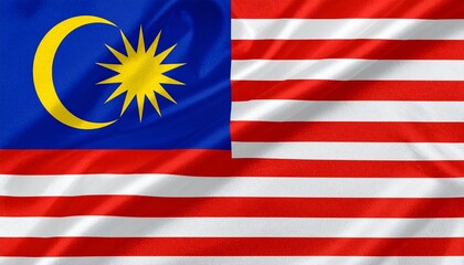 Malaysian flag with 14 alternating red and white horizontal stripes, blue canton featuring a yellow crescent and 14-point star&mdash;symbolizing unity, Islam, and federal harmony.