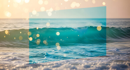 Ocean wave with bokeh effect overlay creating a dreamy and ethereal seascape at golden hour light