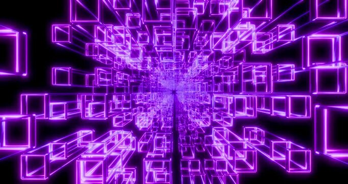 Futuristic glowing neon wireframe background. Shining geometric purple objects in perspective. Bright retro digital cyberspace. 4K 3D rendering loop animation.