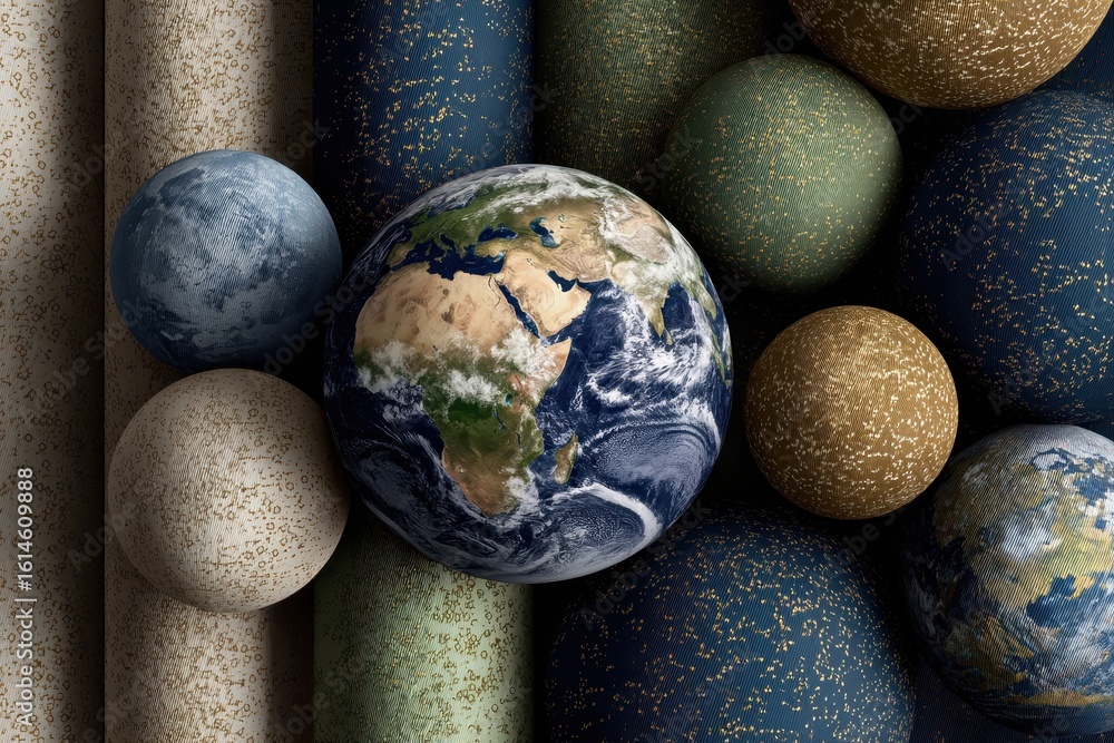 Poster exploring the harmony of a seamless pattern with realistic representations of earth and cosmic spher