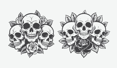 Dark floral skull cluster arrangement silhouette isolated on white background