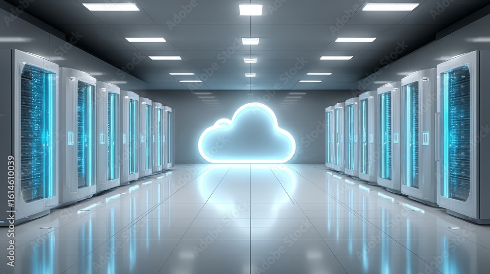 Poster cloud computing technology in the server room, secure data storage, network infrastructure, and effi