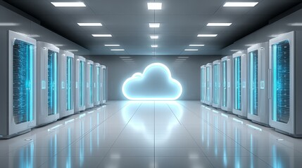 Cloud computing technology in the server room, secure data storage, network infrastructure, and efficient management for modern business