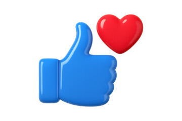 Glossy 3D Blue Thumbs Up with Red Heart Icon Isolated on a Transparent Background