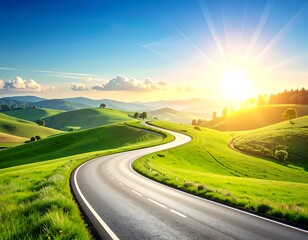 Winding road through rolling hills at sunrise