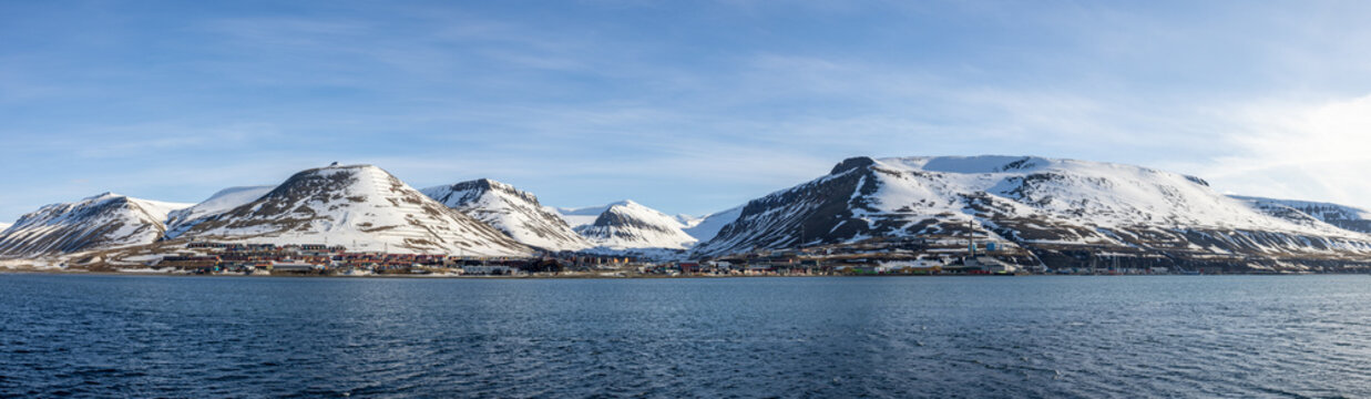 High resolution panorama - View onto Longyearbyen from the ocean, Svalbard, Norway