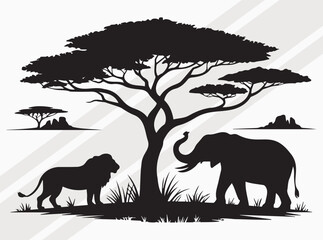 African Safari Silhouette with Lion, Elephant, and Acacia Tree in Wildlife Landscape, Wildlife SVG, African Safari SVG