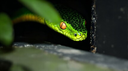 Close-up of a green python with intricate scales, A wild reptile in dark nature background.