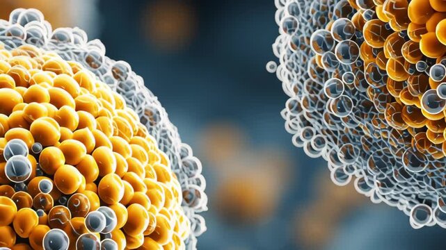 Microscopic Exploration of Yellow and Blue Cells Intricate Textures and Details in Biology, Unveiling Science of Cellular Interactions