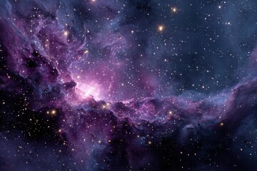 Vibrant purple cosmic landscape featuring a stunning nebula surrounded by distant stars in a tranquil universe