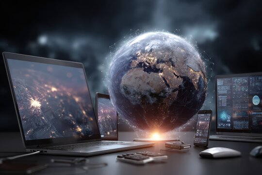 Imagining a interconnected digital world with tech devices and an illuminated globe depicting global connectivity trends and modern technology at work in a futuristic setup