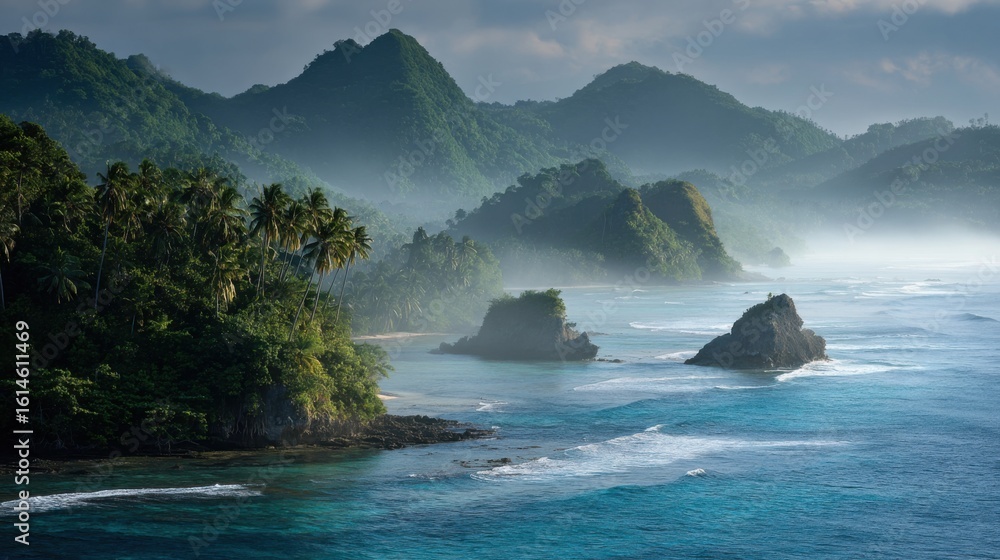 Poster dramatic coastal view showcases mist-covered mountains rising from a tranquil ocean. dense palm tree