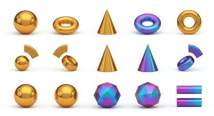 Golden Iridescent 3d Shapes Set