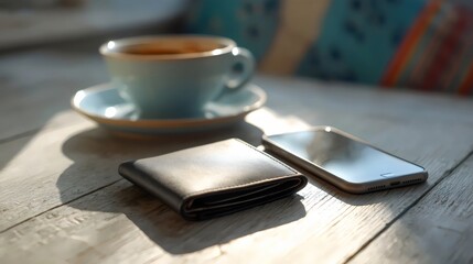 A cozy scene featuring a stylish wallet and a smartphone beside a steaming cup of coffee.