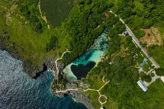 Top down view of Waikuri Lagoon and the terrain that surrounds it. West Sumba, Indonesia. Taken with a drone in May 2025