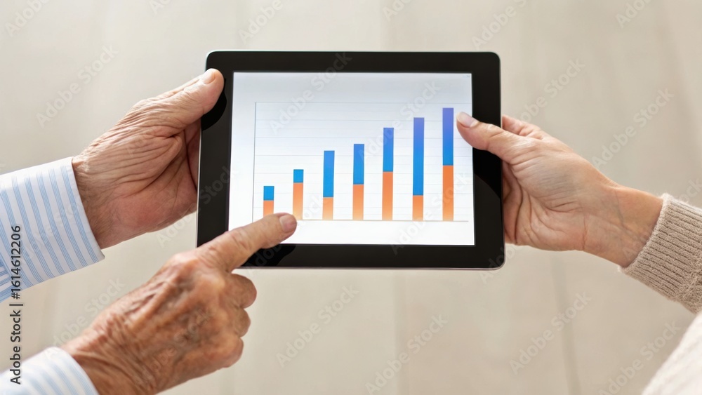Poster two hands point at a digital graph on a tablet, indicating growth with colorful bars, suggesting ana