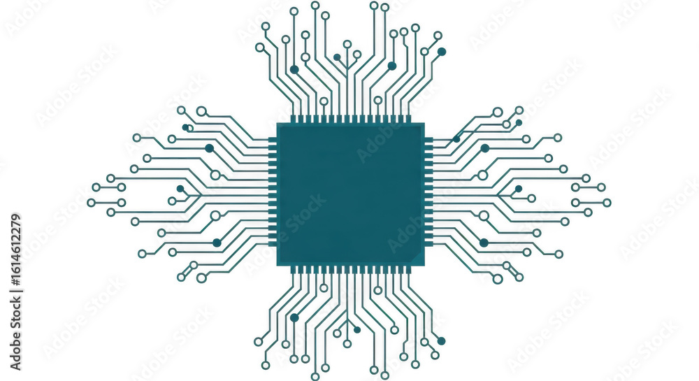 Poster a stylized microchip circuit board design on a transparent background