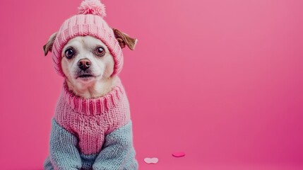 Cute dog in pink hat and sweater adorable puppy pet animal fashion photoshoot studio background pink color