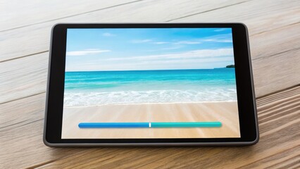 A tablet displaying a serene beach scene with turquoise waters and a sandy shore, set against a wooden surface backdrop.
