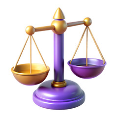 3D Purple Balance Scales with Gold Pans - Justice, Law, and Decision Concept - Courtroom Symbol - Fairness and Equality