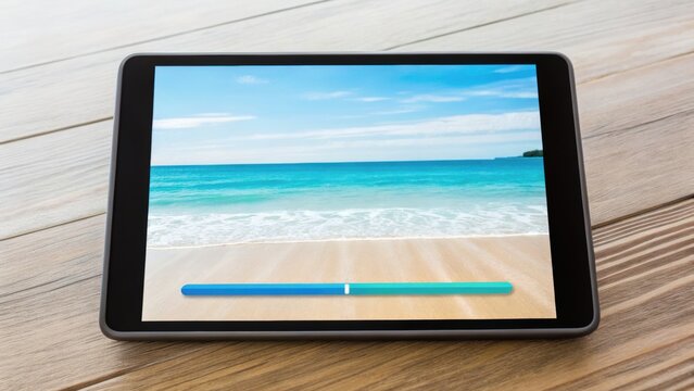 A tablet displaying a serene beach scene with turquoise waters and a sandy shore, set against a wooden surface backdrop.