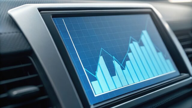 Dashboard display showing financial data with graphs and charts in a modern car interior. - Powered by Adobe