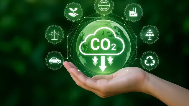 Hand Holds Glowing Green Globe CO2 Reduction, Environmental Sustainability, Clean Energy, and Green Technology for Better Environment