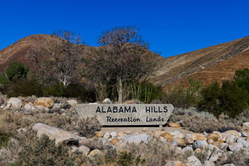 Alabama Hills recreation lands sign at the entrance in scenic Sierra Nevada mountains , California.