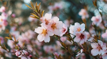 Obraz premium Delicate pink cherry blossoms adorn branches in a garden, celebrating the arrival of spring. Sunlight filters through the petals, enhancing their beauty and tranquility.