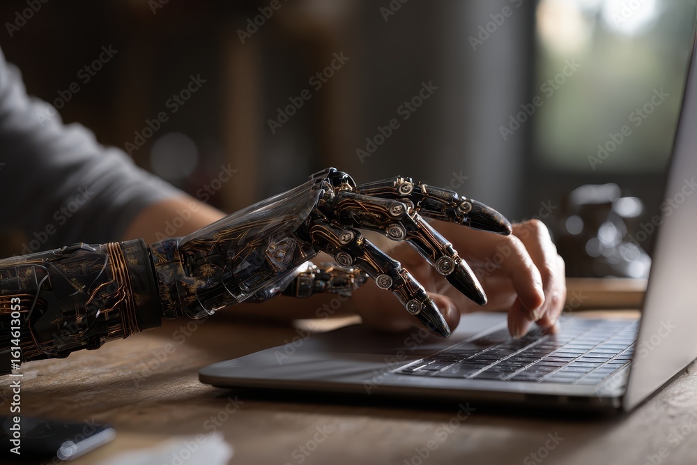 Poster robot hand engages in typing on a laptop during a modern workspace setting with natural light filter